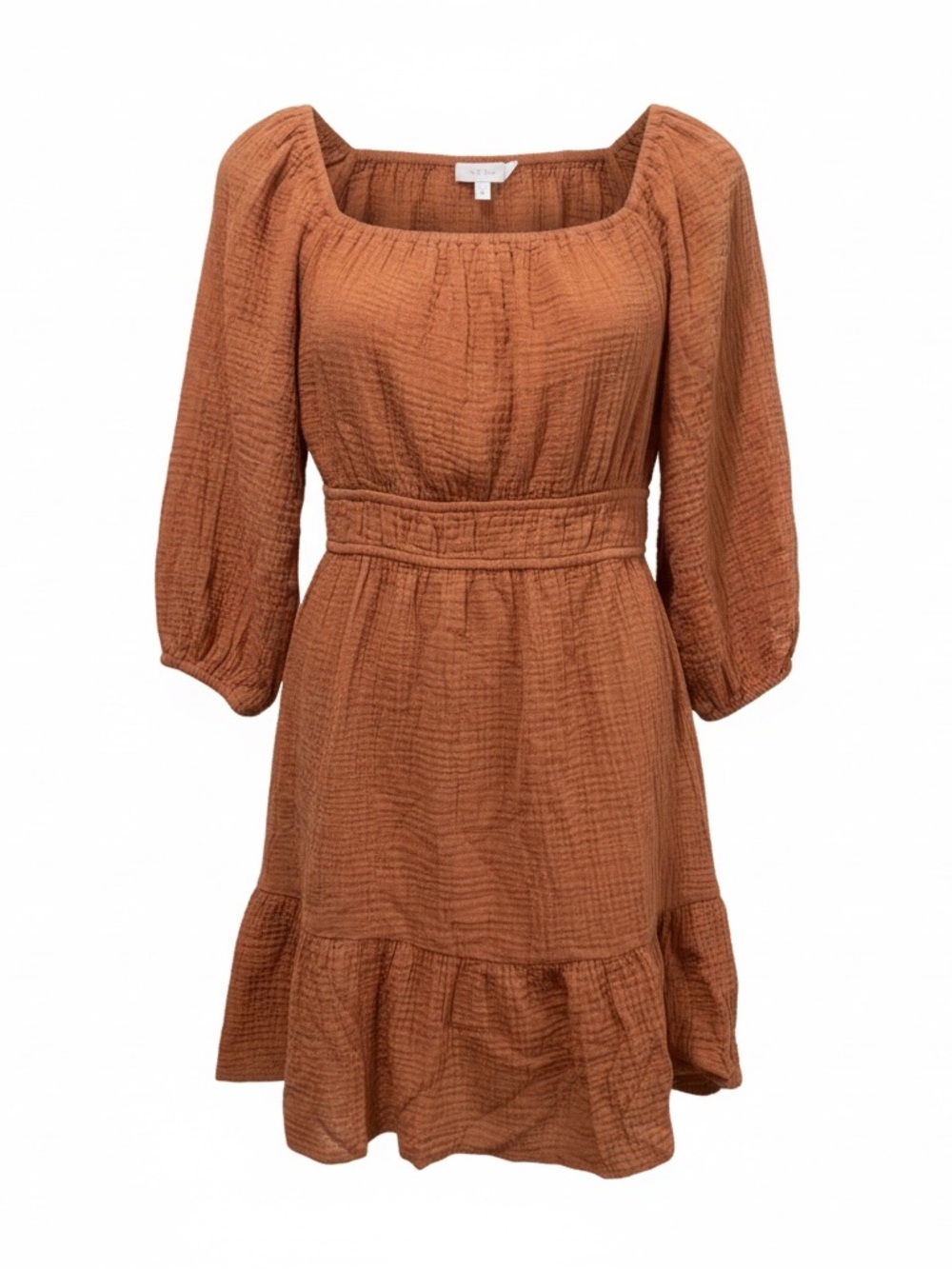 100% Cotton Lush Charming Afternoon Tan Gingham Balloon Sleeve Mini Dress Small